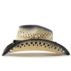 Hollow hand-woven straw cowboy hat with sun protection and grey gradient brim