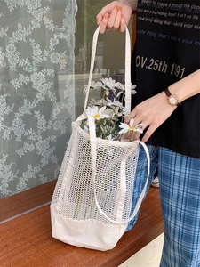 Hollow Out Mesh Canvas Tote Bag Large Capacity Shoulder Bag For Beach Shopping Minimalist Style Women