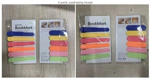 Set of 6 colorful silicone bookmarks with metal clips in retail packaging showing dimensions