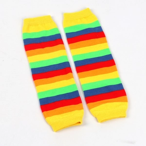 Macro detail of rainbow striped knit arm warmers with elastic ribbed edges on white background