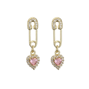 Boucles d'oreilles épingle à nourrice dorées avec pendentifs cœur rose et cristaux
