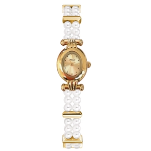 Elegant gold oval watch with pearl strap and mother of pearl dial for women