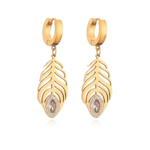 Gold plated feather drop earrings with sparkling rhinestones and hollow metal design