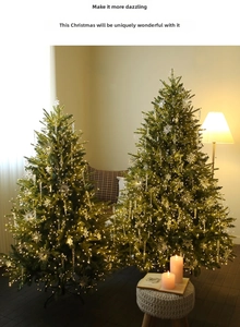 Close-up of lit Christmas trees with snowflake and icicle ornaments in a cozy indoor setting