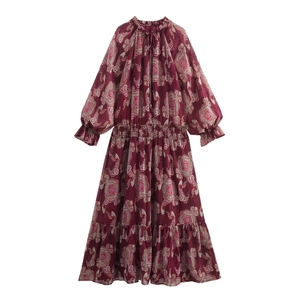 Robe Maxi À Manches Longues Pour Femmes Vintage Imprimé Paisley Rouge Vin Fil Métallique Bohème Jupe À Étages Taille Haute