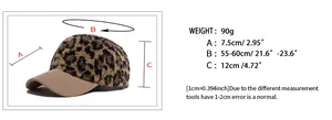 Size guide for corduroy leopard print baseball cap with brim and crown measurements