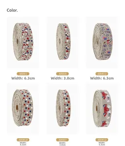 Detailed macro view of 6.3cm patriotic linen ribbons with USA star and vintage truck patterns