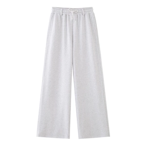 Women's light grey wide-leg drawstring sweatpants with side pockets and elastic waist