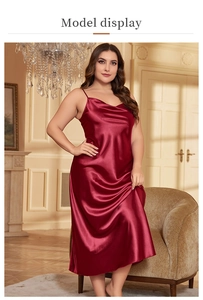Detail of red satin maxi sleepwear dress featuring delicate straps and elegant cowl neckline