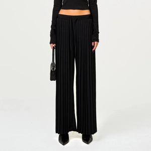 Women Pleated Wide Leg Pants Straight Polyester Casual Lightweight High Waist Trousers For Spring Solid Color Black