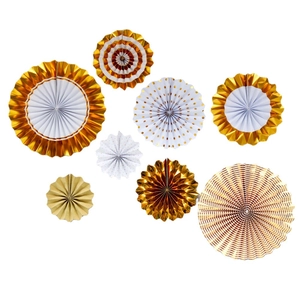 8-piece set of gold and white decorative paper fans with stripes and polka dots