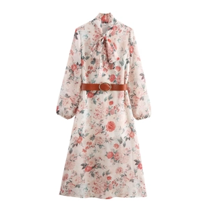 Floral Print Long Sleeve Midi Dress Chiffon Polyester Bow Tie Neck High Waist With Belt Elegant Sweet Pink