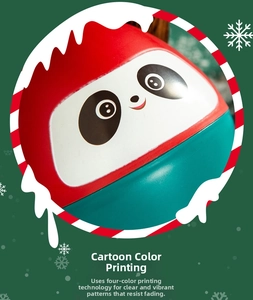 Macro detail of cartoon panda Christmas gift box featuring durable 4-color printing process