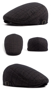 Detailed views of dark plaid wool ivy cap with adjustable leather strap and metal buckle