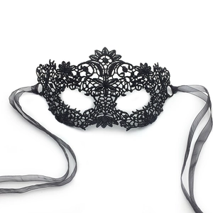 Elegant black lace masquerade mask with sheer silk ribbons for Halloween parties