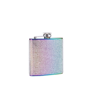 Rainbow rhinestone stainless steel 6oz hip flask with shiny glitter crystals and silver cap