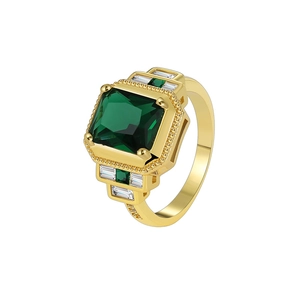 Art Deco emerald cut green zircon ring in gold-plated brass with vintage geometric design