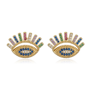 Macro shot of 18K gold plated evil eye stud earrings with colorful zircon stones on white background