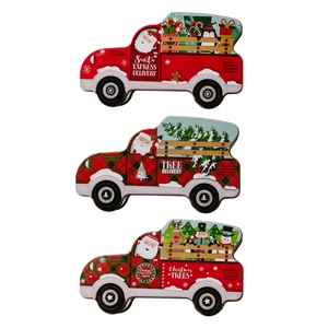 Set of 3 Christmas car-shaped tin candy boxes with festive Santa and tree patterns