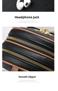 Detail of mini leather backpack with gold zippers, headphone port and pebble texture