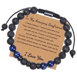 Herren Perlenarmband Blaues Tigerauge Lavastein Kupfer Zirkonia Verstellbares Geschenk Für Ihn Vater Sohn Mit Karte
