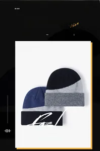 Detailed close-up of three-tone patchwork knit beanies for autumn and winter warmth