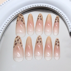 Handmade almond cat-eye press-on nails with nude pink gradient and leopard print accents