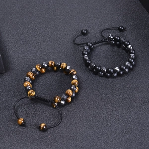 Double-layer tiger eye stone and black hematite beaded bracelet with adjustable cord
