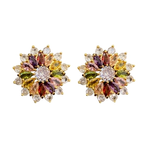 Elegant gold plated flower earrings with colorful zircon crystals on a white background