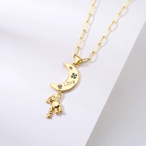Gold Plated Copper Moon Teddy Bear Pendant Necklace With Colorful Zircon LOVE Engraved Niche Clavicle Chain For Women