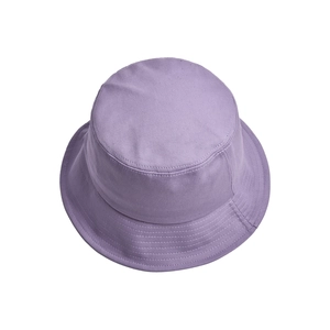 Detail view of purple cotton bucket hat with parallel reinforced stitching on the brim
