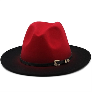 Classic red and black gradient wool fedora hat with a wide brim and gold buckle