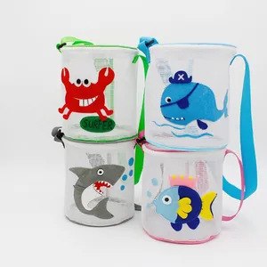 Set of 4 kids mesh beach bags with cartoon crab, whale, and shark pattern on white mesh