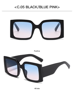 Close-up of square black frame sunglasses featuring blue pink gradient lenses detail
