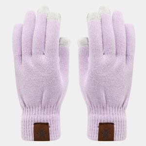 Close-up of light purple knitted thermal gloves with touchscreen fingertips and snowflake tag