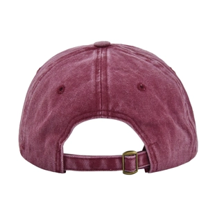 Rear view of washed burgundy cotton baseball cap showing adjustable metal slider buckle