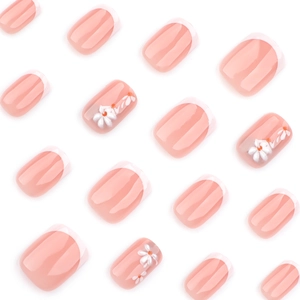 French white short square press-on nails with 3D daisy flowers and nude pink base
