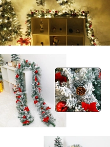 Detail of 2.7m flocked snowy Christmas garland with red ornaments, bows and pinecones