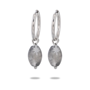 Silver star-accented stainless steel earrings with grey oval gemstones on white background