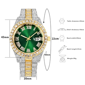 Detailed specs of luxury green dial watch with crystal pavé and two-tone steel band