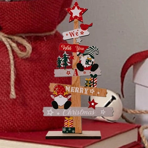 Christmas tree shaped wooden table sign with gnome design and Merry Christmas greeting
