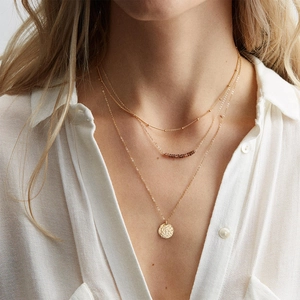 Layered Stainless Steel Necklace Gold Plated Orange Crystal Beads Hammered Round Coin Pendant Multilayer Choker For Women Fashion Jewelry