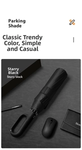 Macro view of starry black folding umbrella with a unique circular loop handle design