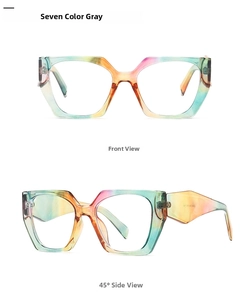 Macro detail of geometric polygon sunglasses frame with vibrant seven-color gradient finish