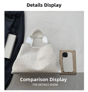 Detail view of corduroy tote bag showing large capacity compared to a tablet computer