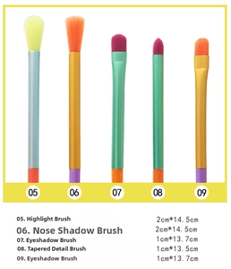 Size chart for 5 colorful watercolor makeup brushes including highlight and shadow brushes