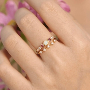 Elegant s925 silver round opal ring set with pink gemstones and white diamonds