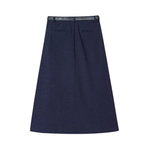 Gonna midi a pieghe a vita alta blu scuro con cintura coordinata e trama in tessuto fine