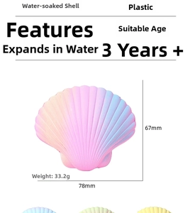 Detailed view of hatching shell toy with size dimensions and water expansion features