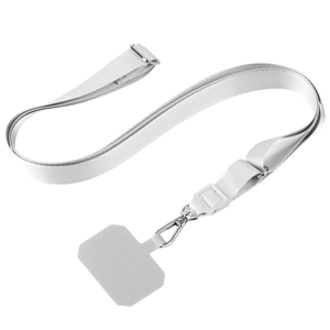 Close-up of white adjustable fabric phone lanyard with metal clasp and clear connector pad
